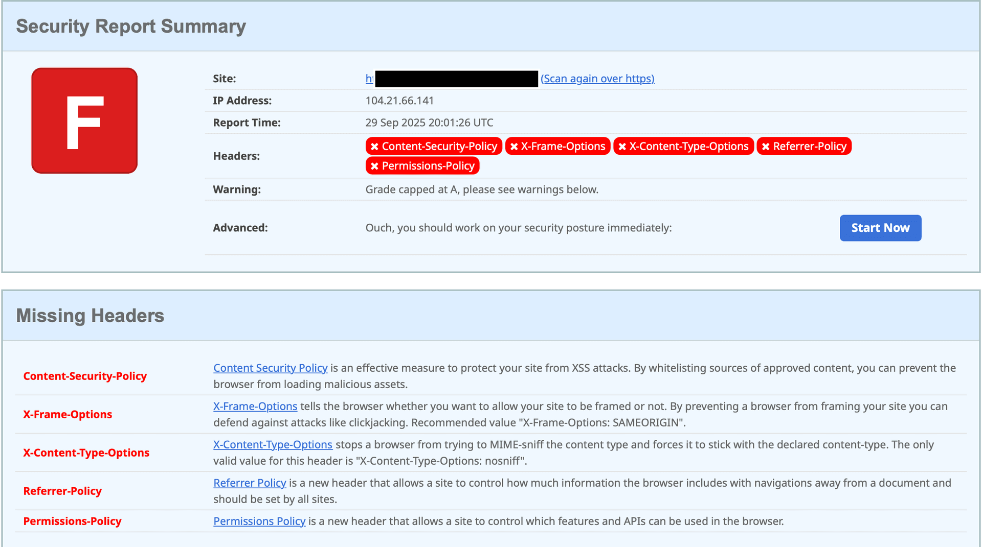 Security Headers Test Results showing missing headers